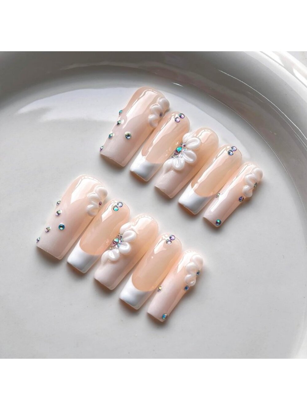 Elegant Long Square Press-On Nails with 3D Flower Rhinestones - 10 Pcs Acrylic
